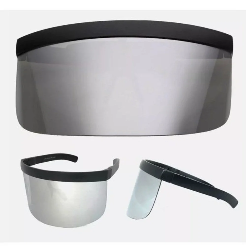Shield Visor Sunglasses Futuristic Face Shield Black Frame Silver‎ Mirror Lens